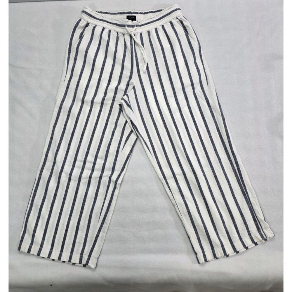 J.Crew Re-Imagined Striped Linen Cotton Wide Leg Pants Womens Medium Navy Ivory